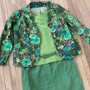 1960s VINTAGE 3 PIECE SET FLORAL JACKET GREEN TOP SKIRT LARGE